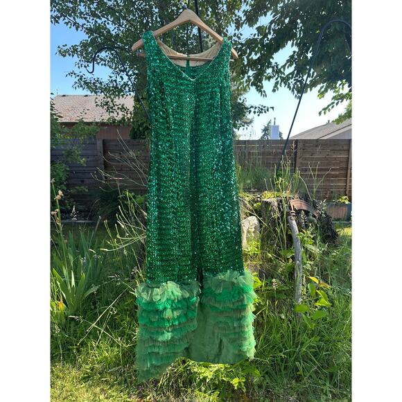 Vintage 1960s Green Sequin Formal Size S-6 Fit Ankle Length Party Black Tie Gown - Picture 12 of 15